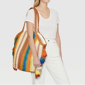 Shade & Shore Beach Bag Brown Pink Straw Blue